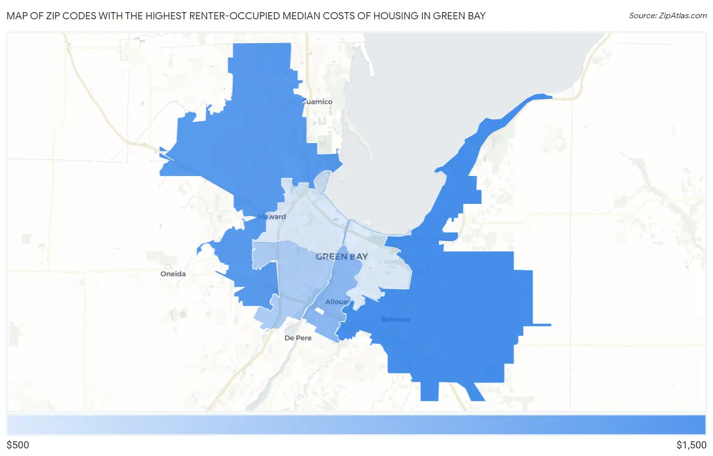 Zip Codes with the Highest Renter-Occupied Median Costs of Housing in Green Bay Map