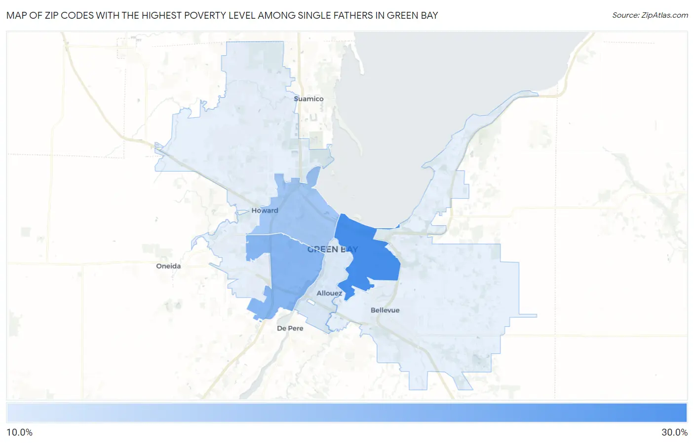 Zip Codes with the Highest Poverty Level Among Single Fathers in Green Bay Map