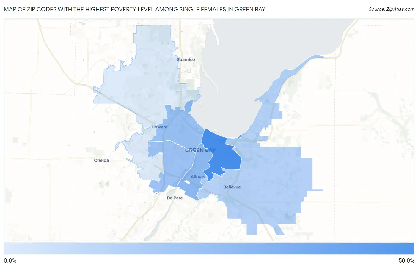 Zip Codes with the Highest Poverty Level Among Single Females in Green Bay Map