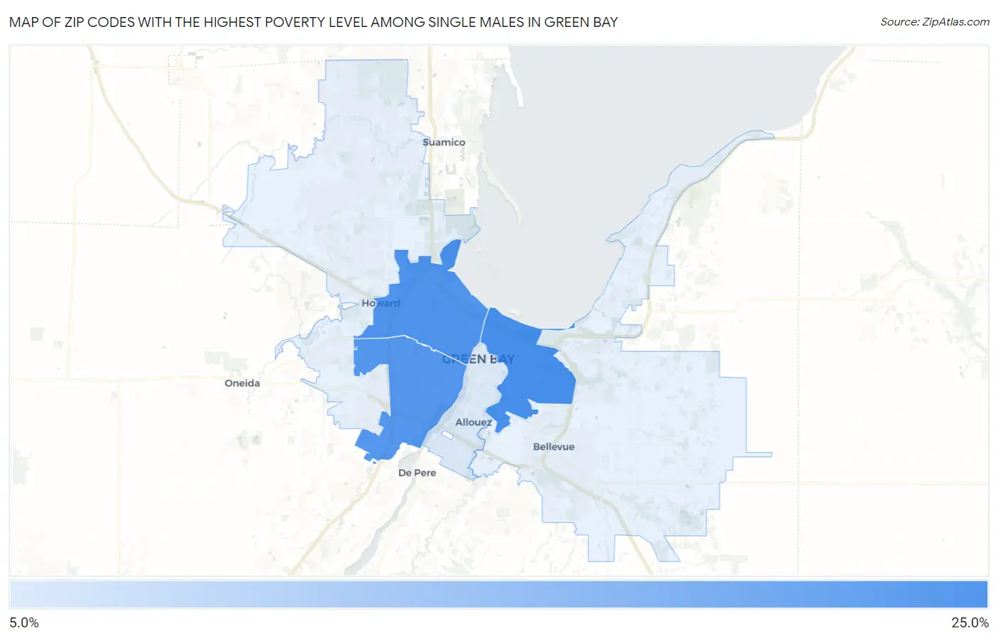 Zip Codes with the Highest Poverty Level Among Single Males in Green Bay Map