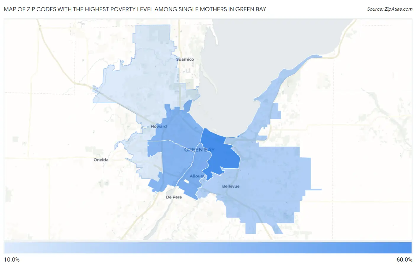 Zip Codes with the Highest Poverty Level Among Single Mothers in Green Bay Map