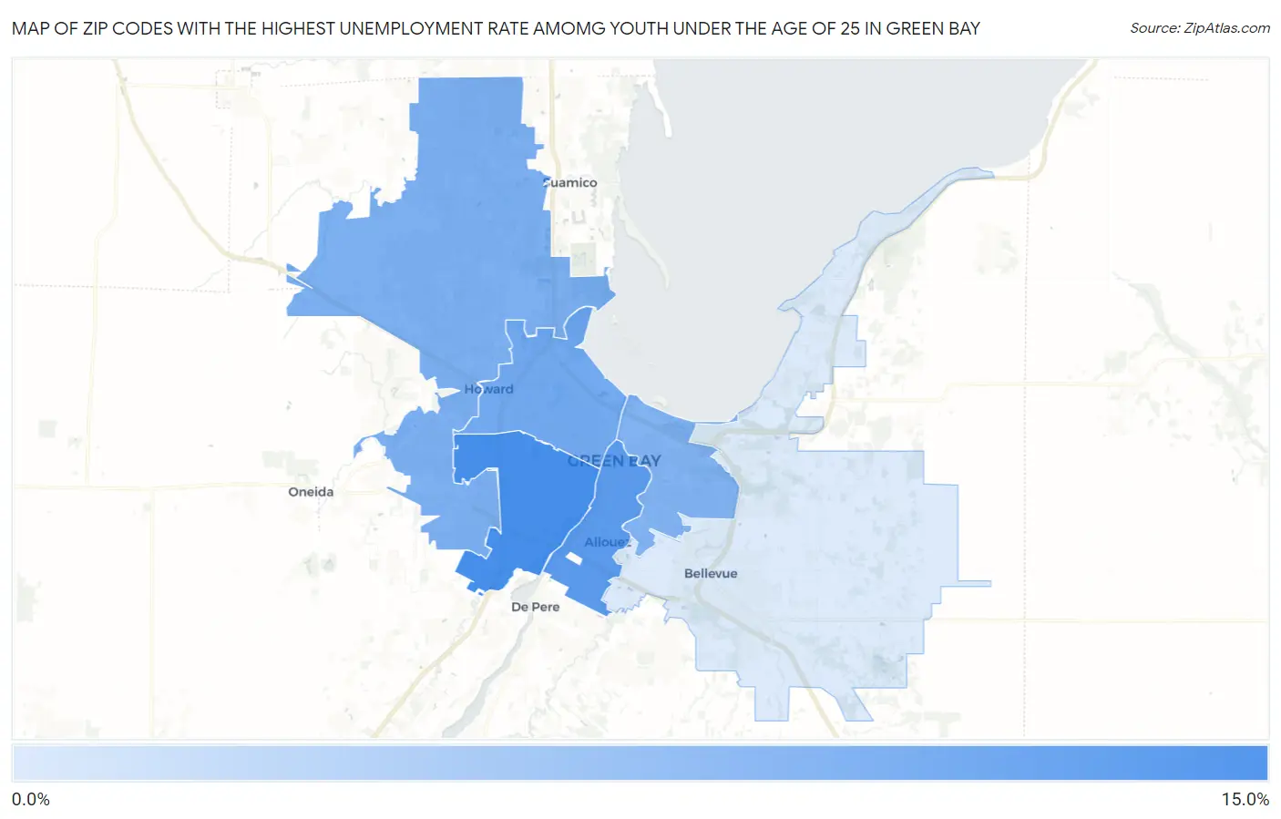Zip Codes with the Highest Unemployment Rate Amomg Youth Under the Age of 25 in Green Bay Map