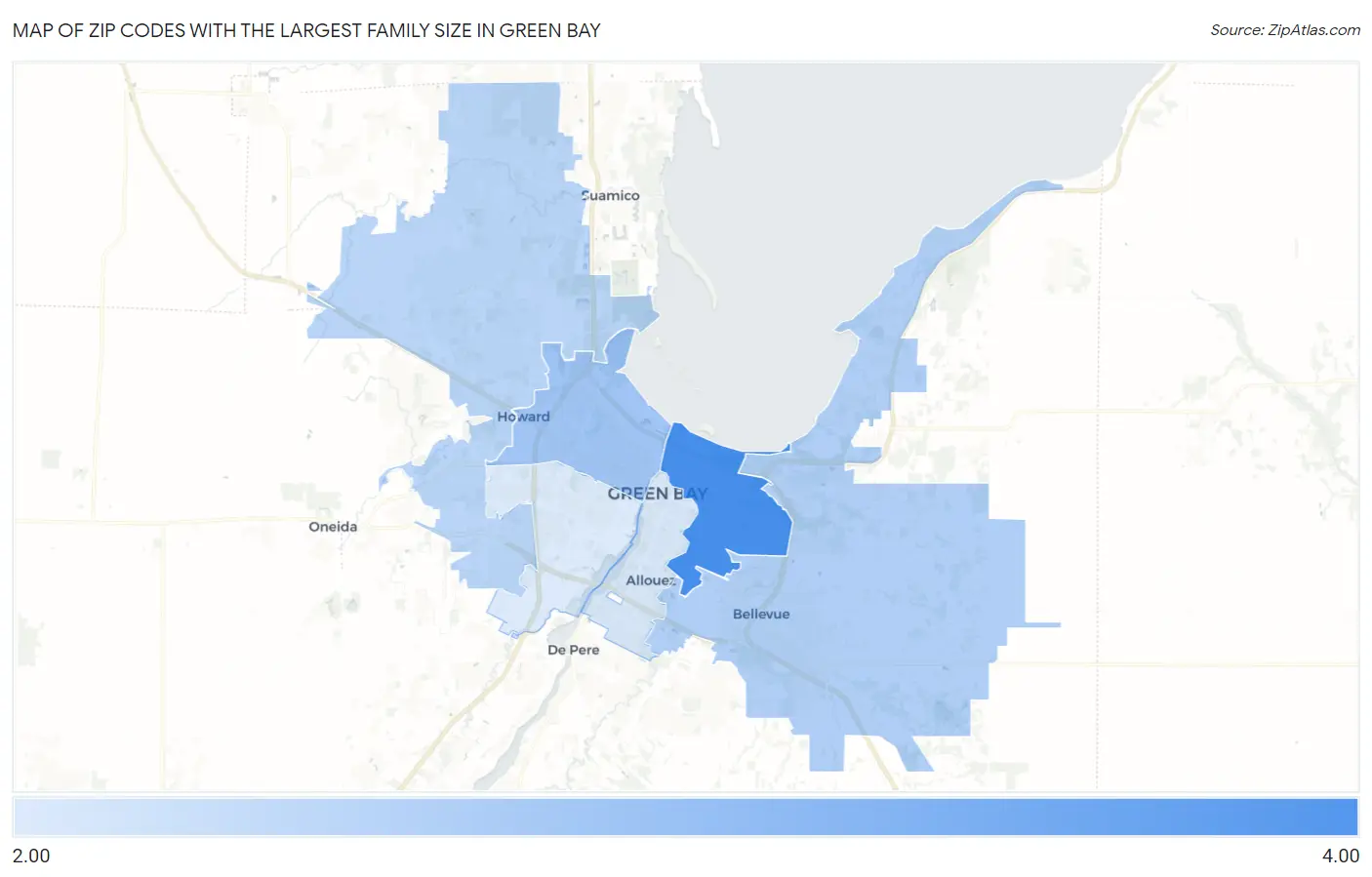 Zip Codes with the Largest Family Size in Green Bay Map