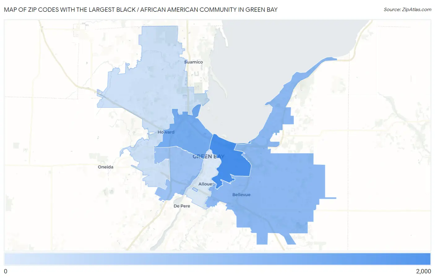 Zip Codes with the Largest Black / African American Community in Green Bay Map