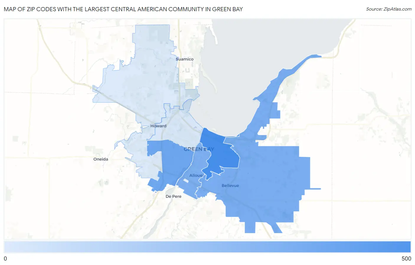 Zip Codes with the Largest Central American Community in Green Bay Map