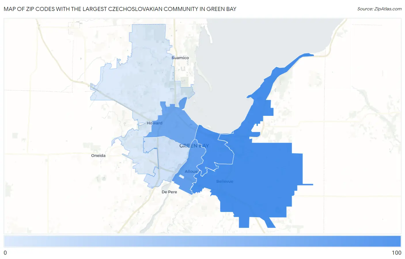 Zip Codes with the Largest Czechoslovakian Community in Green Bay Map