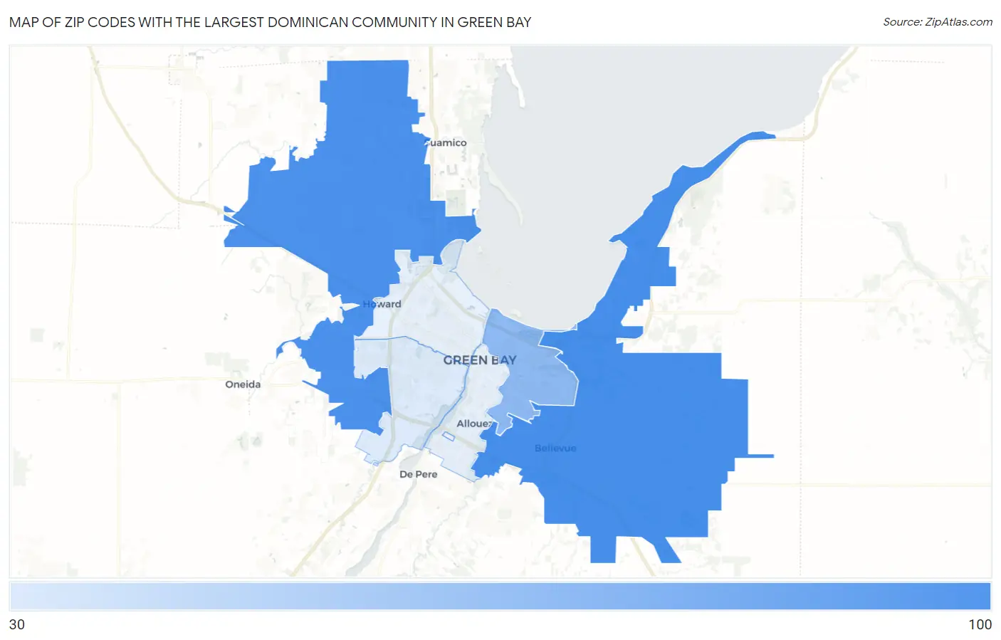 Zip Codes with the Largest Dominican Community in Green Bay Map