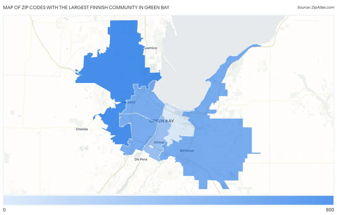 Zip Codes with the Largest Finnish Community in Green Bay Map