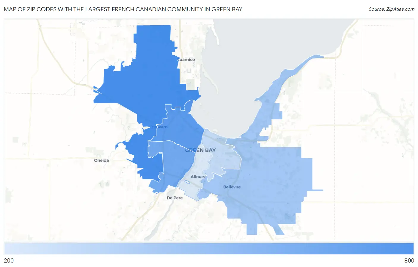 Zip Codes with the Largest French Canadian Community in Green Bay Map