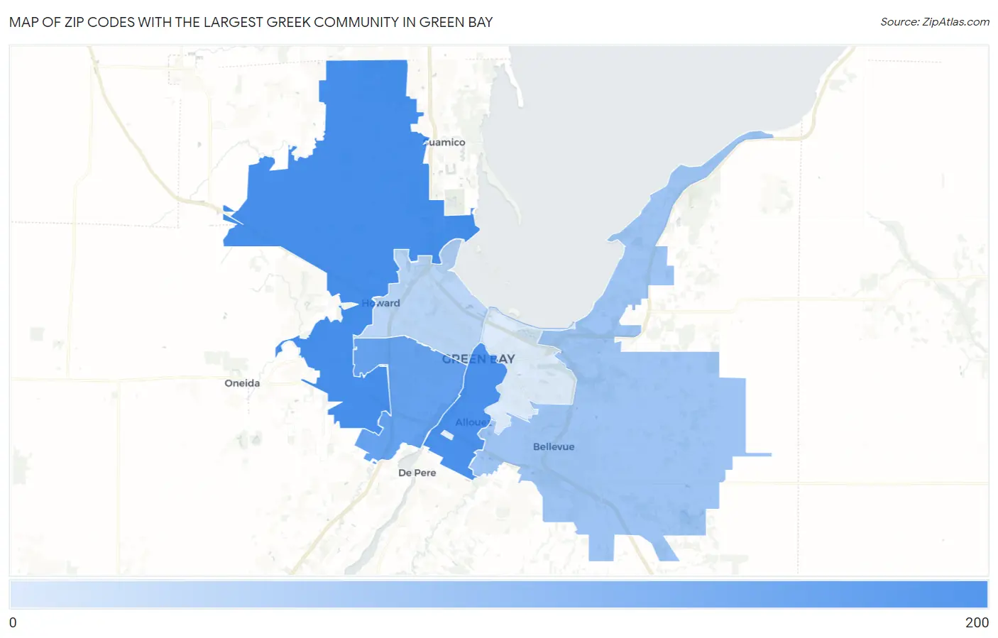 Zip Codes with the Largest Greek Community in Green Bay Map