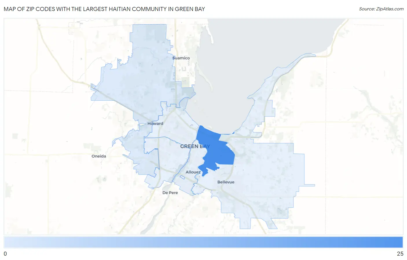Zip Codes with the Largest Haitian Community in Green Bay Map