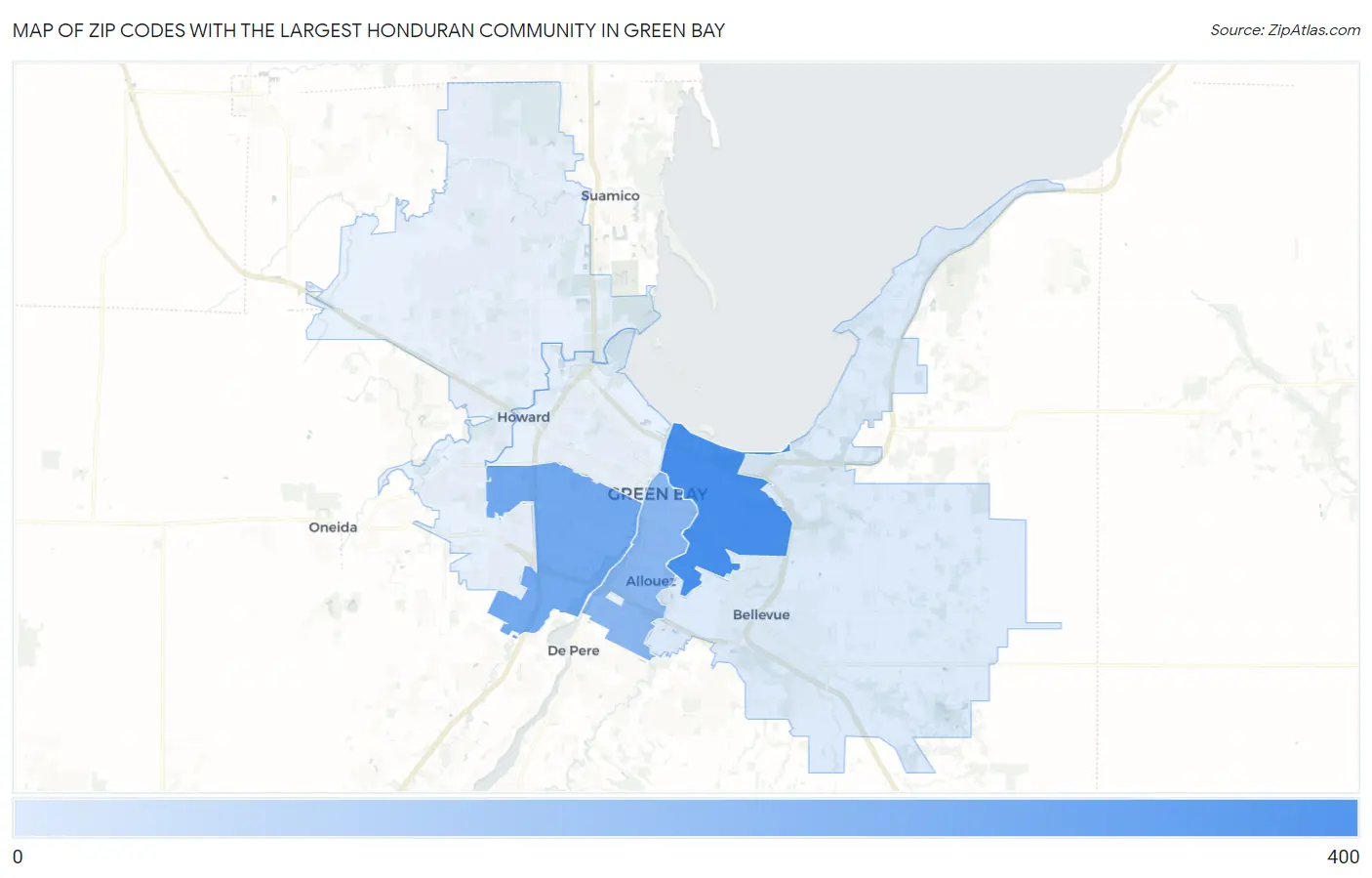 Zip Codes with the Largest Honduran Community in Green Bay Map