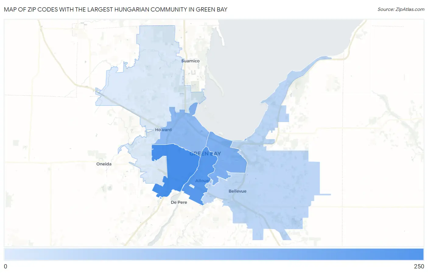 Zip Codes with the Largest Hungarian Community in Green Bay Map