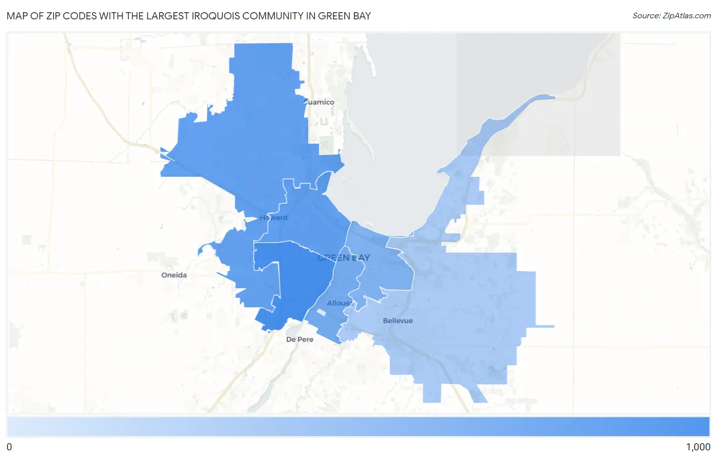 Zip Codes with the Largest Iroquois Community in Green Bay Map