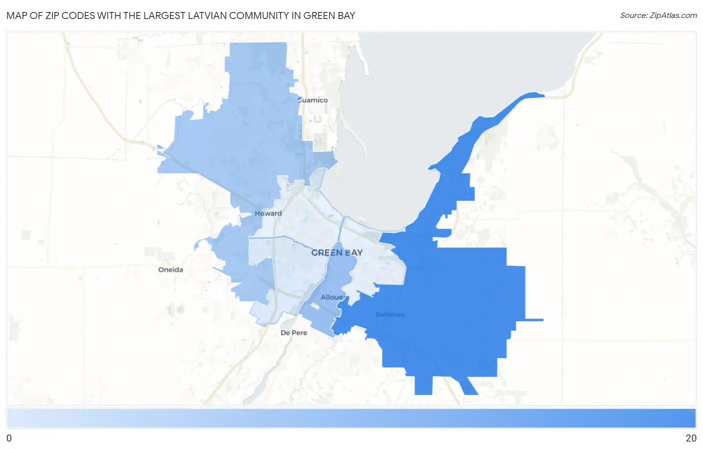 Zip Codes with the Largest Latvian Community in Green Bay Map