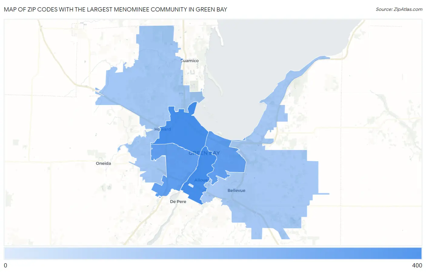 Zip Codes with the Largest Menominee Community in Green Bay Map