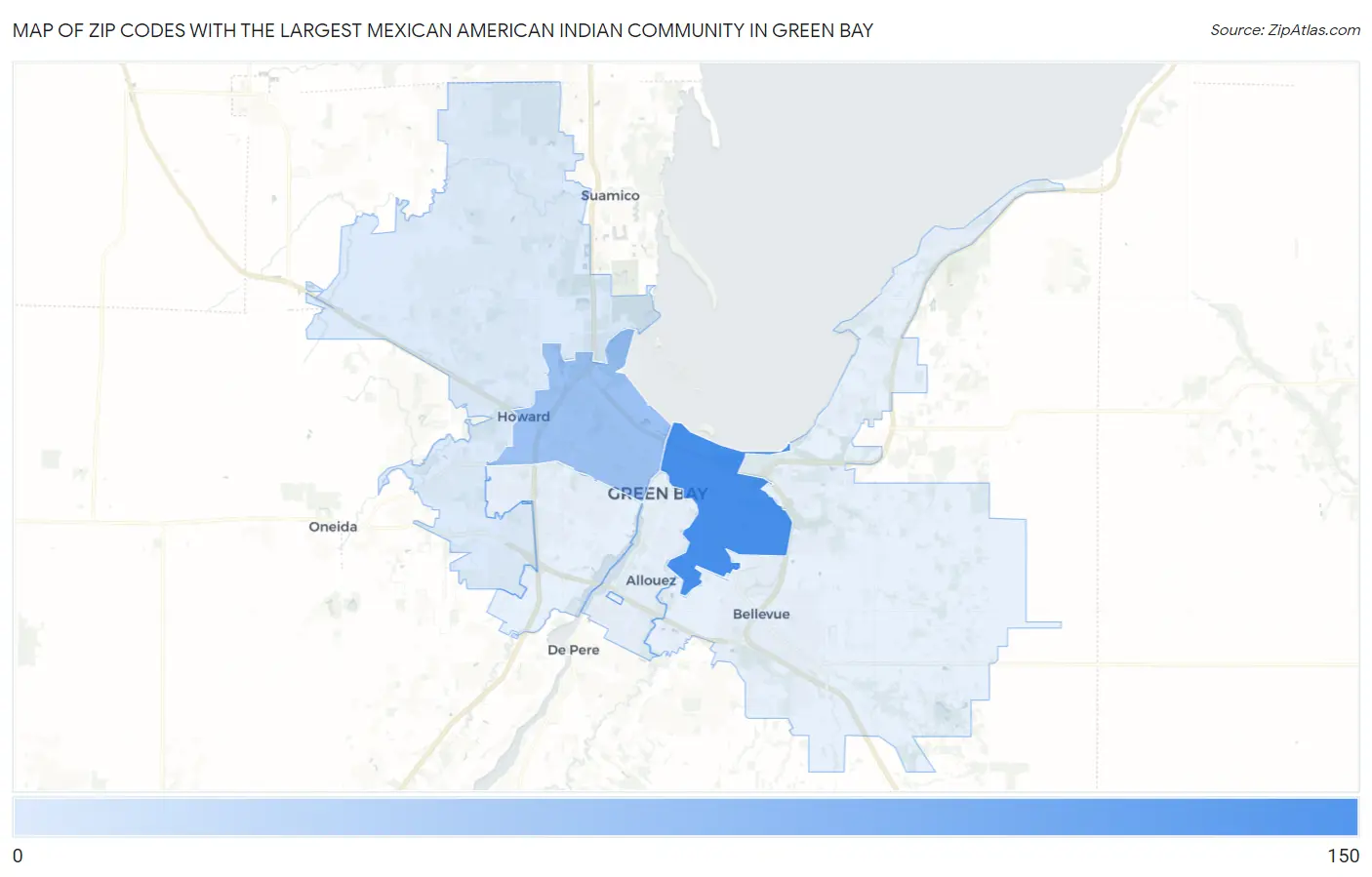 Zip Codes with the Largest Mexican American Indian Community in Green Bay Map