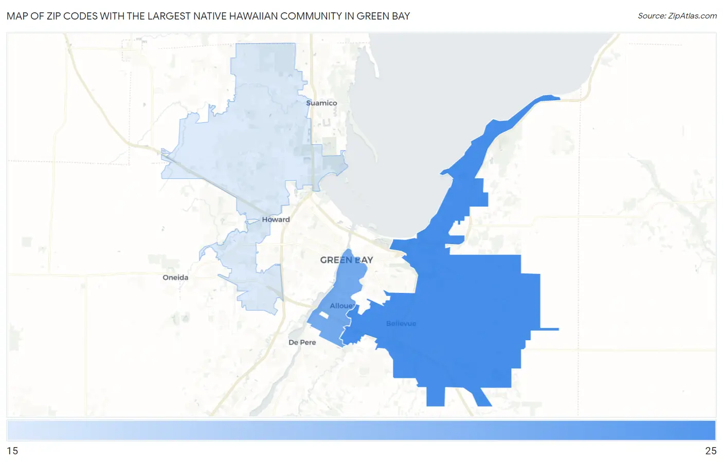 Zip Codes with the Largest Native Hawaiian Community in Green Bay Map