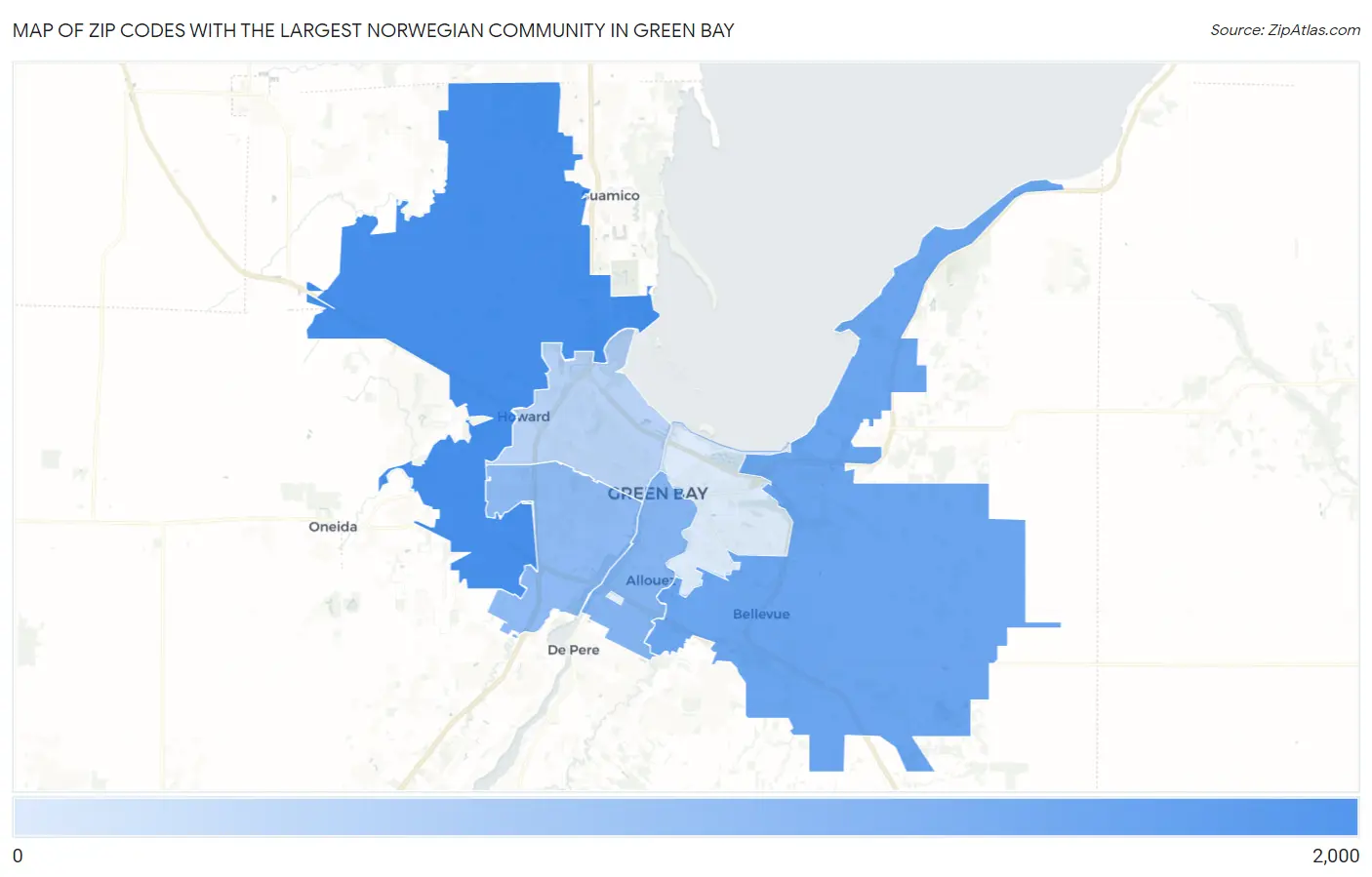 Zip Codes with the Largest Norwegian Community in Green Bay Map