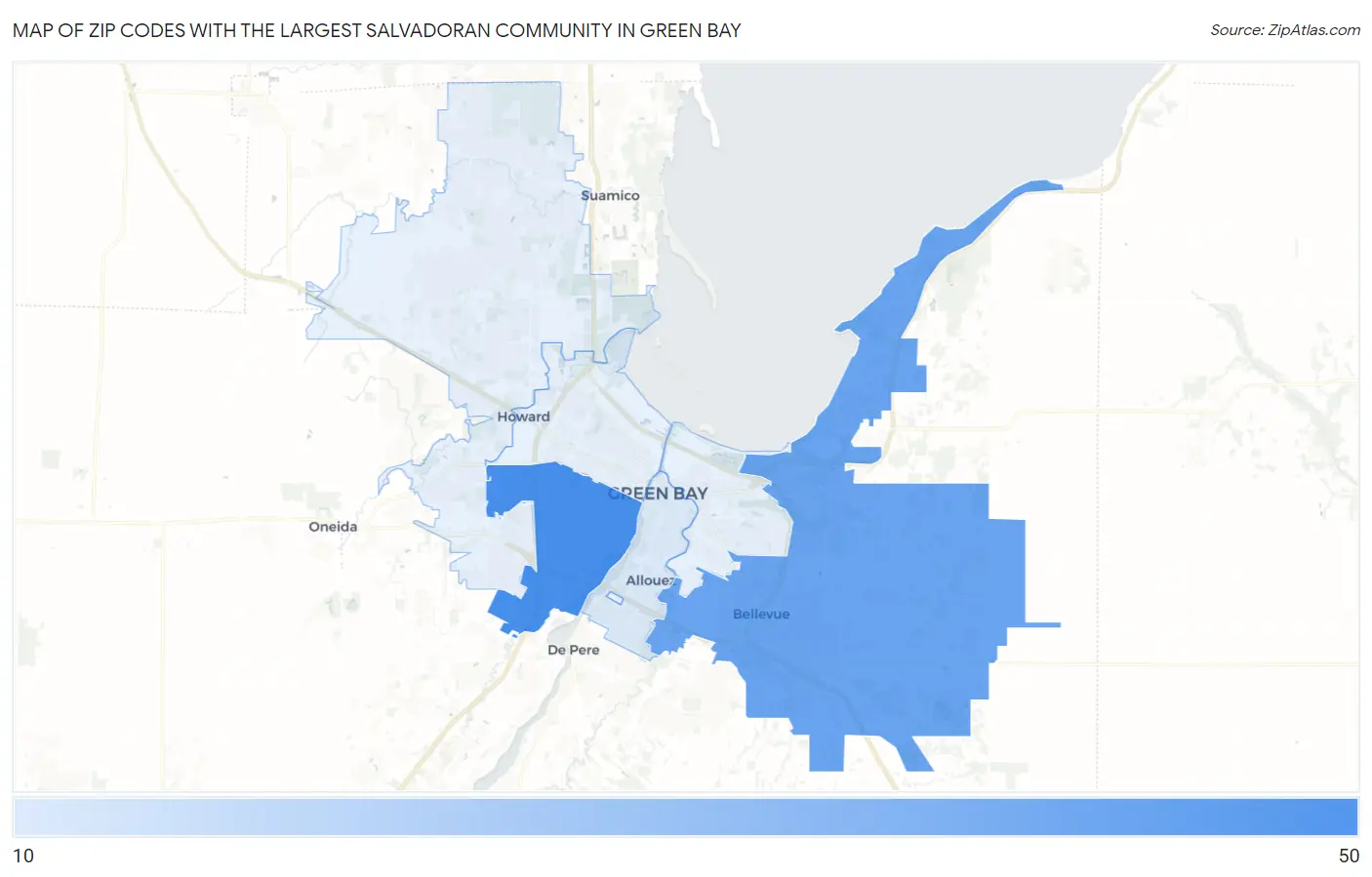 Zip Codes with the Largest Salvadoran Community in Green Bay Map