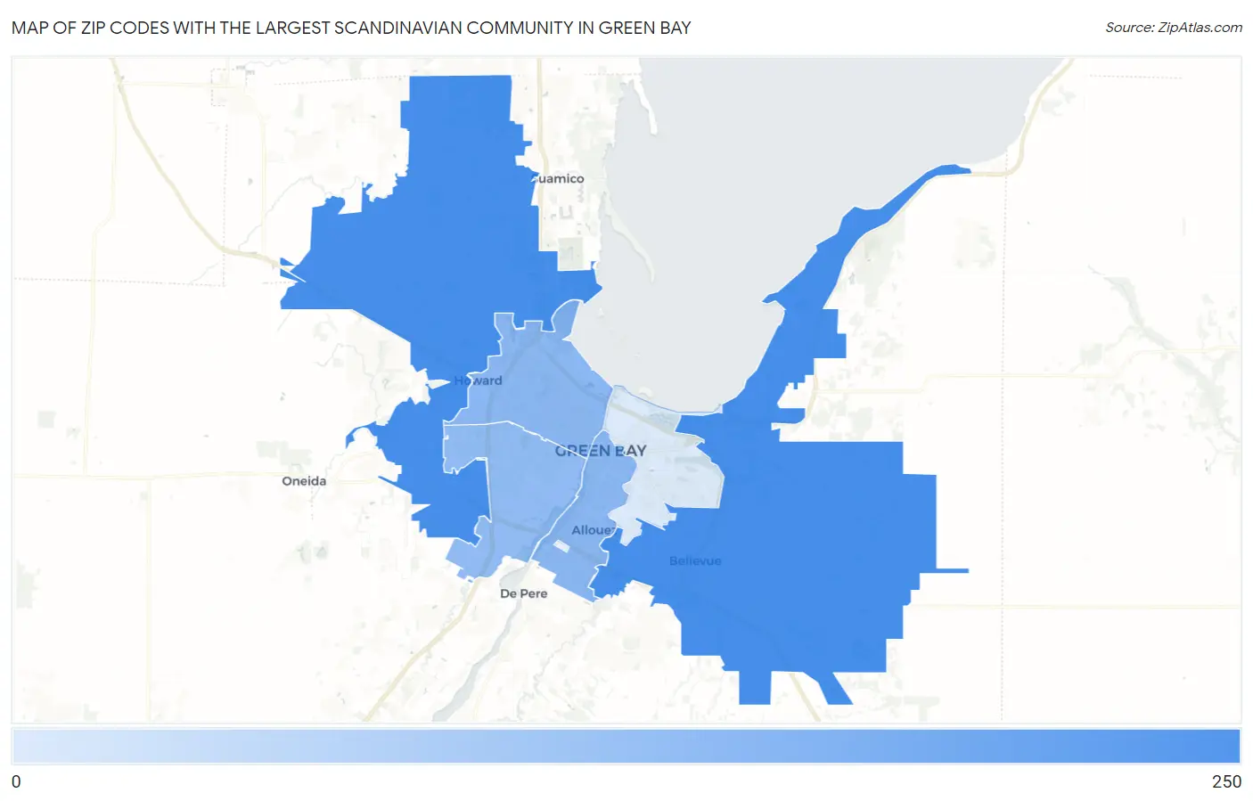 Zip Codes with the Largest Scandinavian Community in Green Bay Map