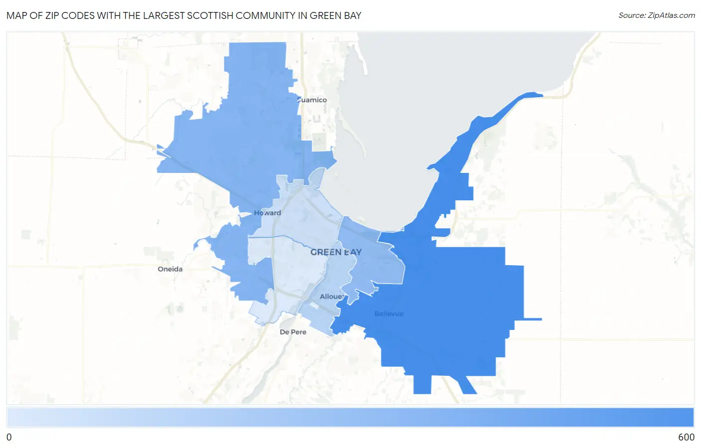 Zip Codes with the Largest Scottish Community in Green Bay Map
