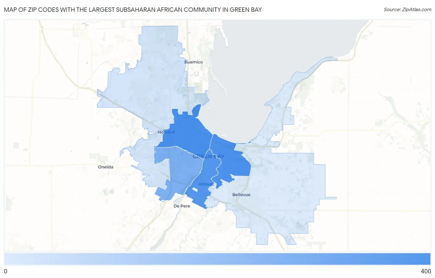 Zip Codes with the Largest Subsaharan African Community in Green Bay Map