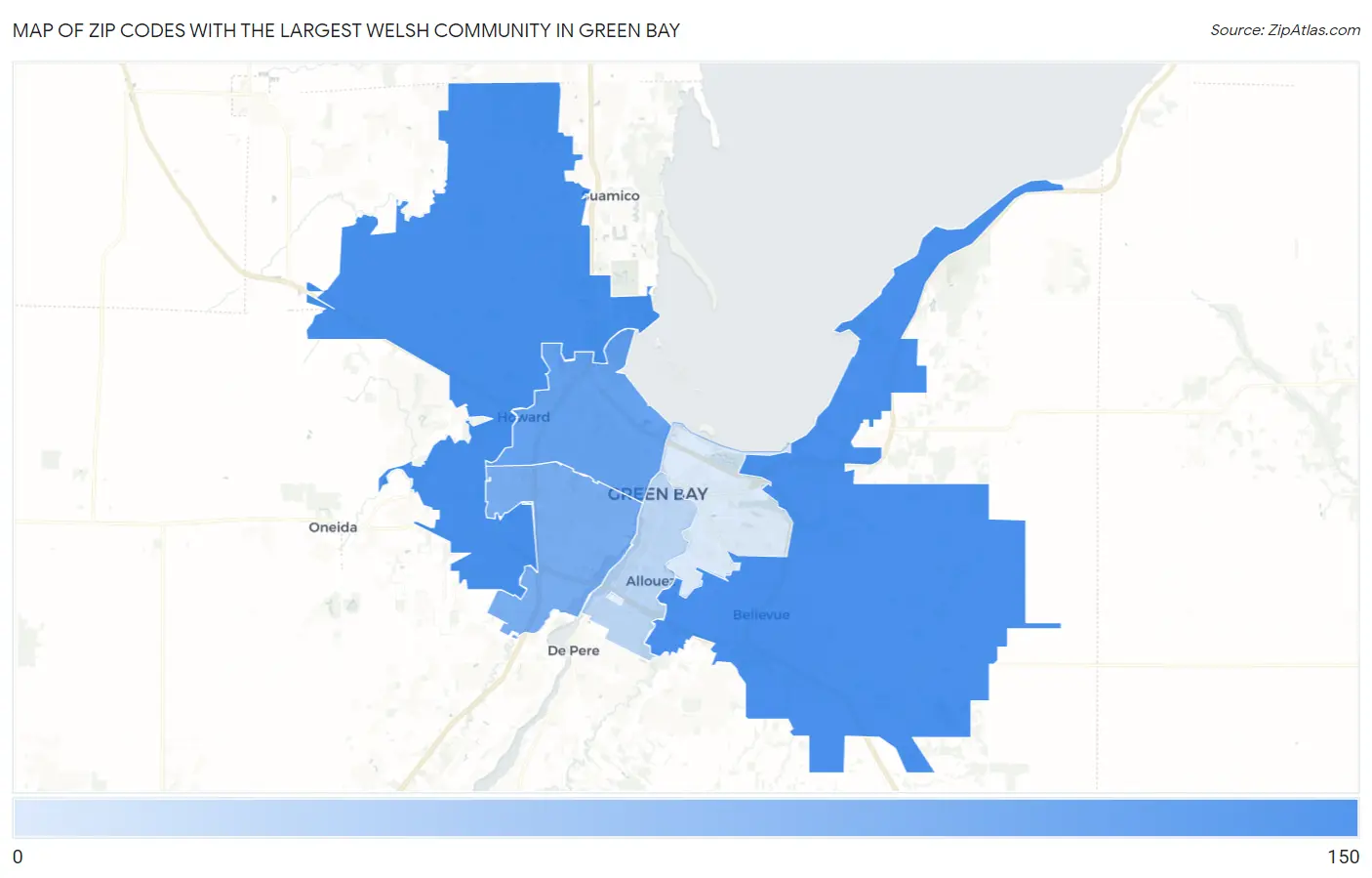 Zip Codes with the Largest Welsh Community in Green Bay Map