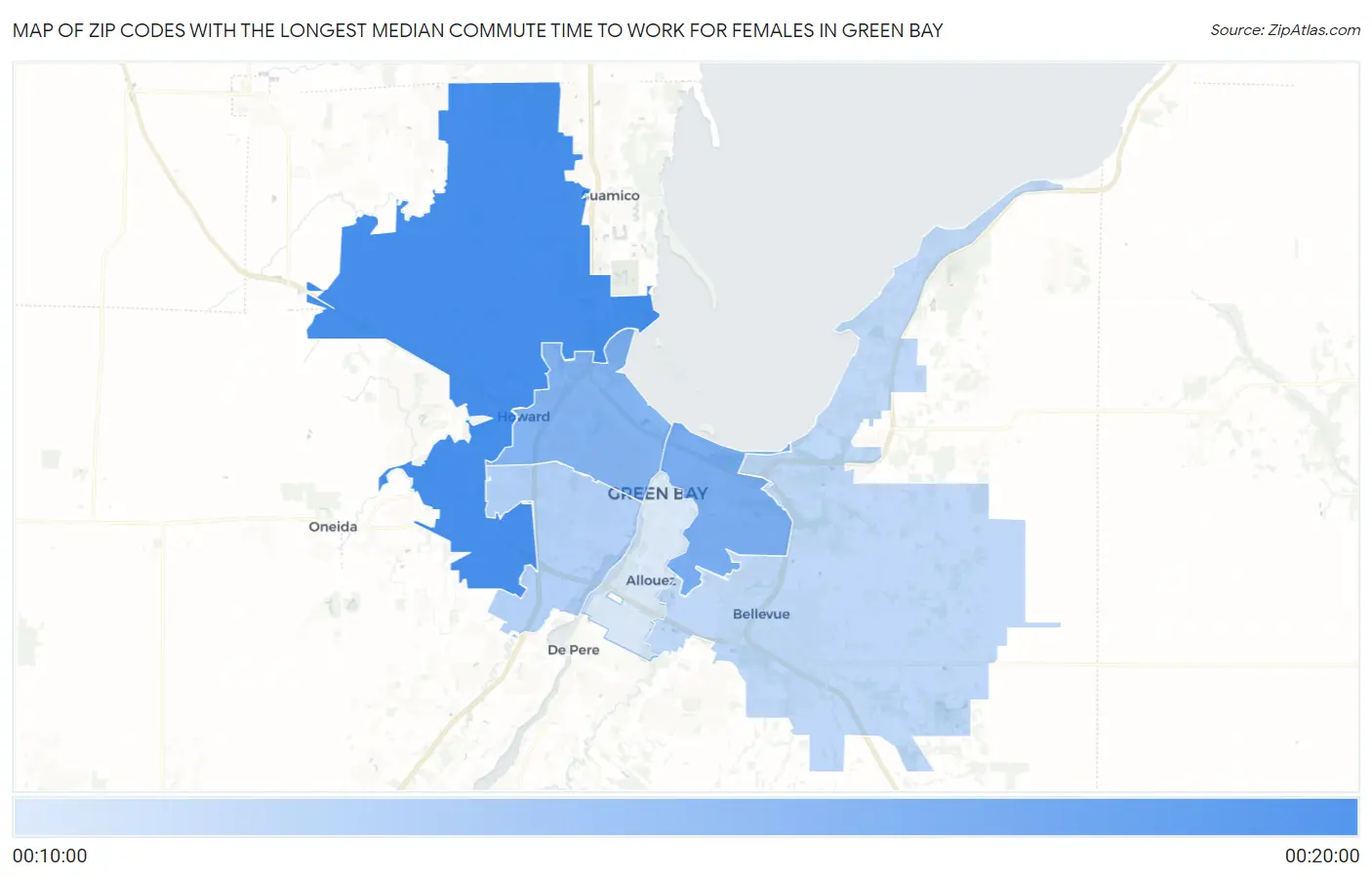 Zip Codes with the Longest Median Commute Time to Work for Females in Green Bay Map