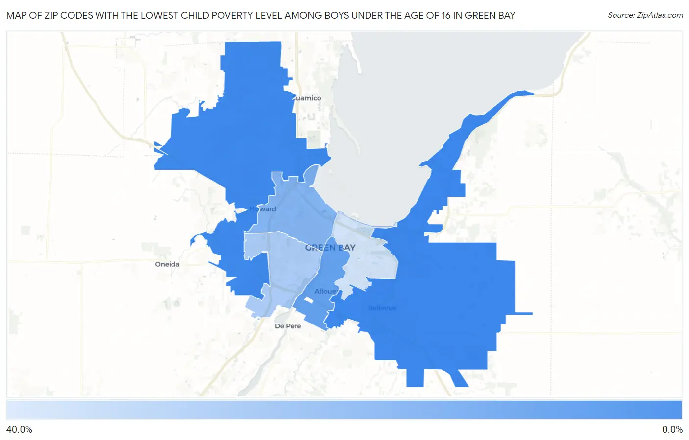 Zip Codes with the Lowest Child Poverty Level Among Boys Under the Age of 16 in Green Bay Map