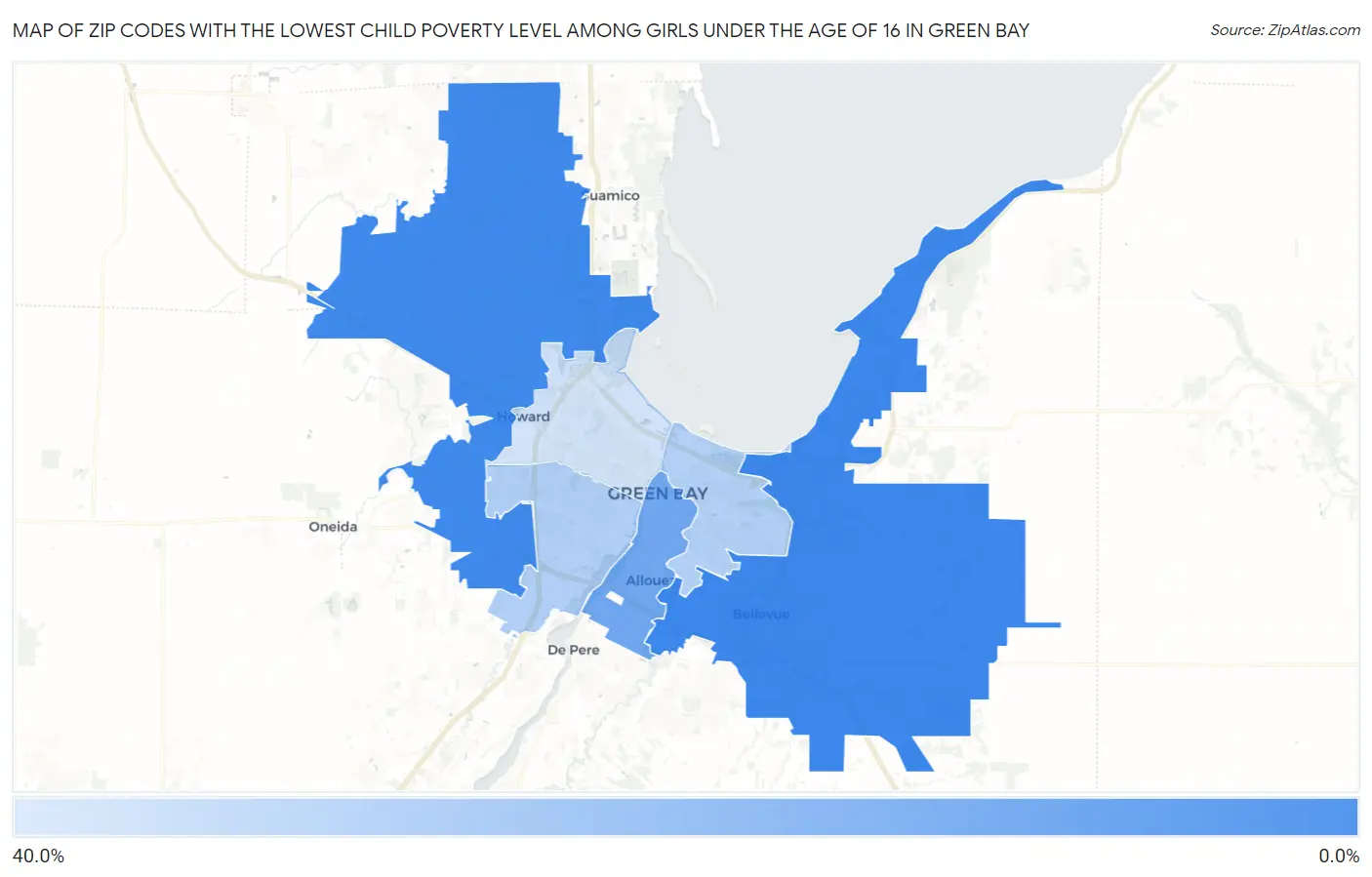 Zip Codes with the Lowest Child Poverty Level Among Girls Under the Age of 16 in Green Bay Map