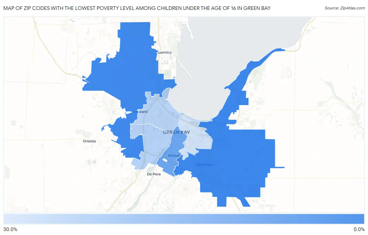 Zip Codes with the Lowest Poverty Level Among Children Under the Age of 16 in Green Bay Map