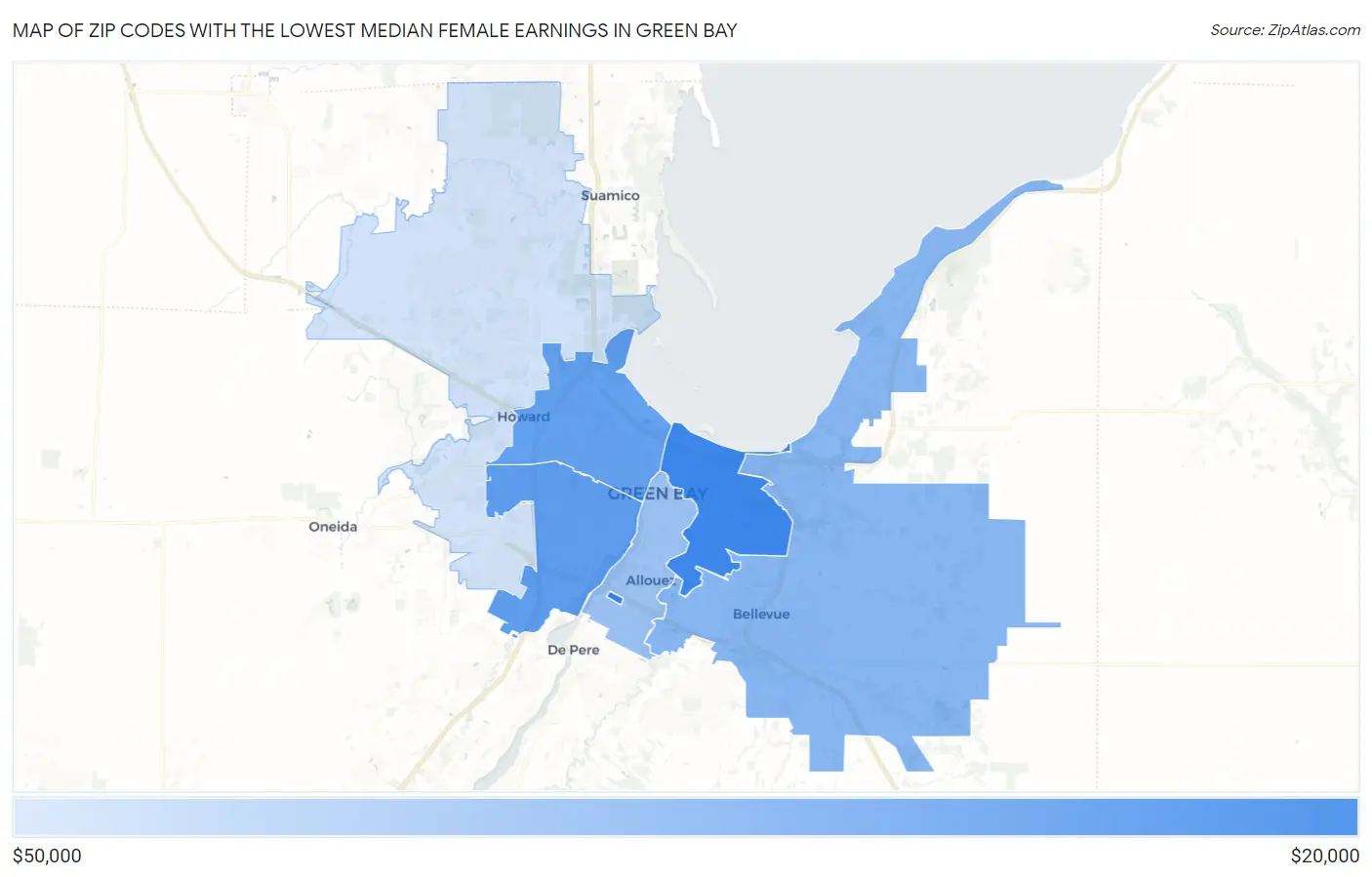 Zip Codes with the Lowest Median Female Earnings in Green Bay Map