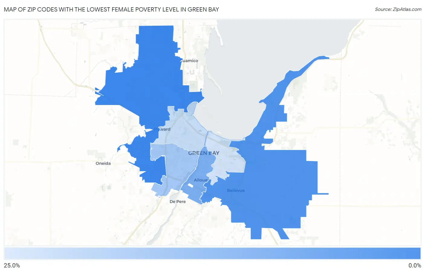 Zip Codes with the Lowest Female Poverty Level in Green Bay Map