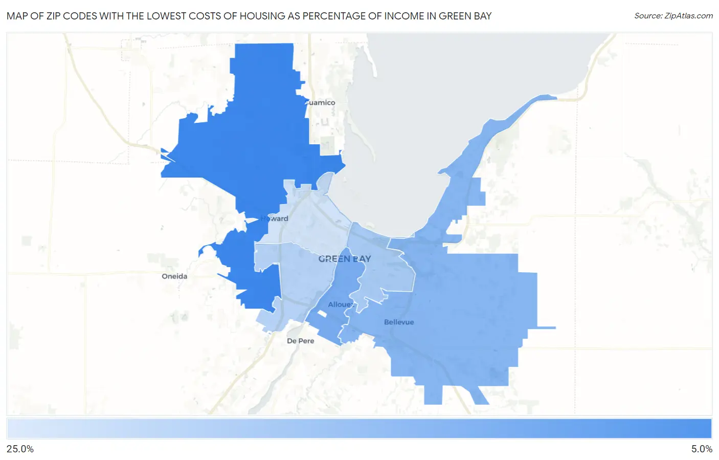 Zip Codes with the Lowest Costs of Housing as Percentage of Income in Green Bay Map