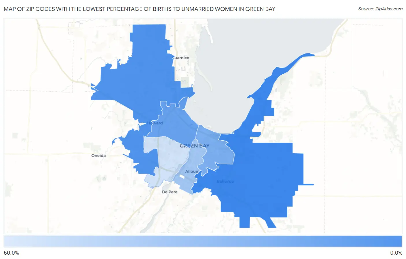 Zip Codes with the Lowest Percentage of Births to Unmarried Women in Green Bay Map