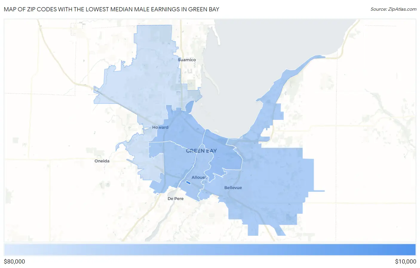 Zip Codes with the Lowest Median Male Earnings in Green Bay Map