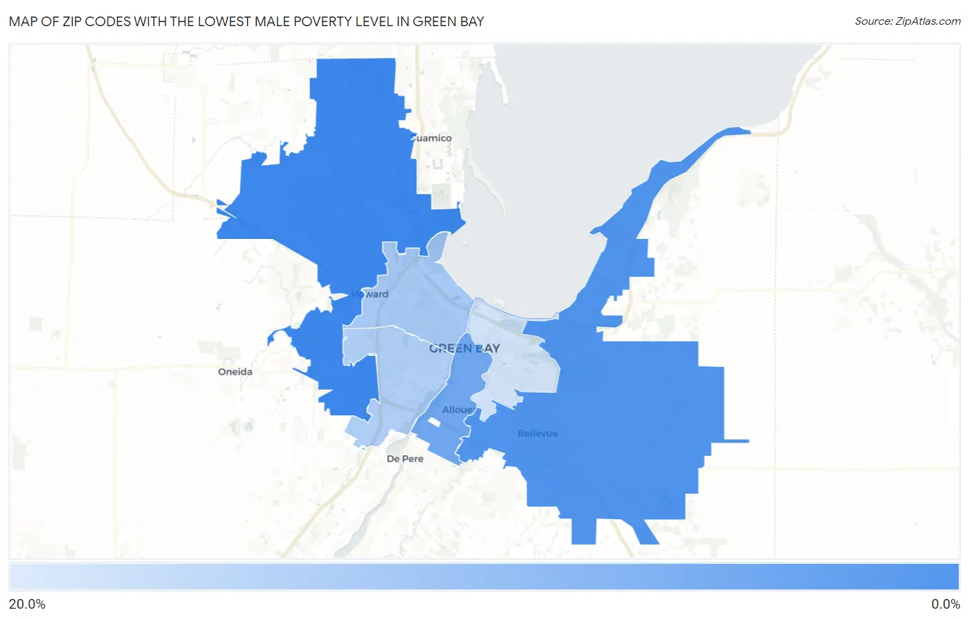 Zip Codes with the Lowest Male Poverty Level in Green Bay Map