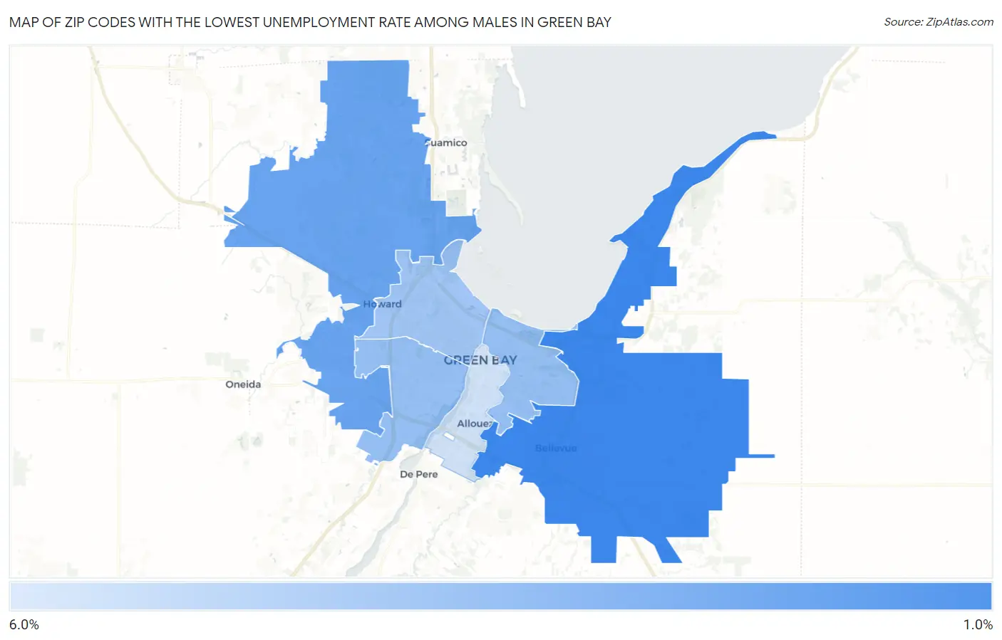 Zip Codes with the Lowest Unemployment Rate Among Males in Green Bay Map