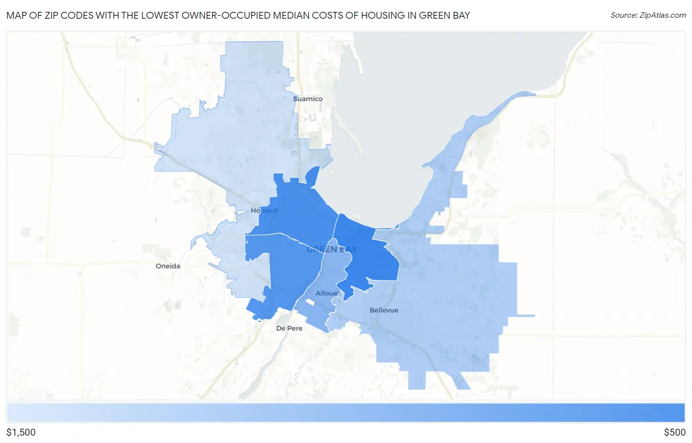 Zip Codes with the Lowest Owner-Occupied Median Costs of Housing in Green Bay Map