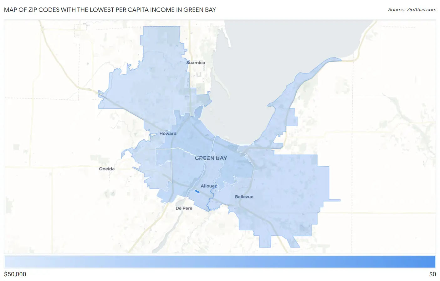 Zip Codes with the Lowest Per Capita Income in Green Bay Map