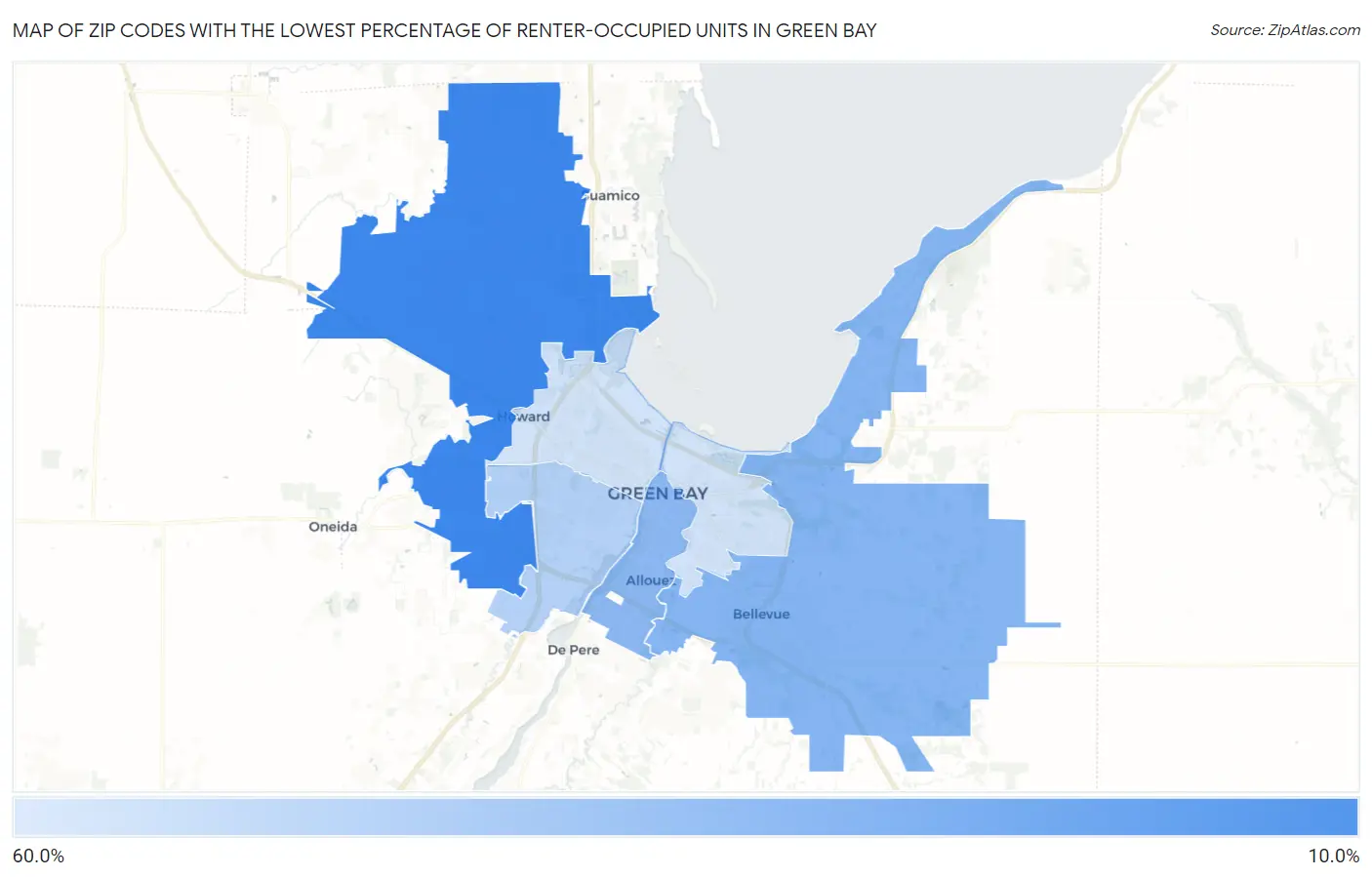 Zip Codes with the Lowest Percentage of Renter-Occupied Units in Green Bay Map