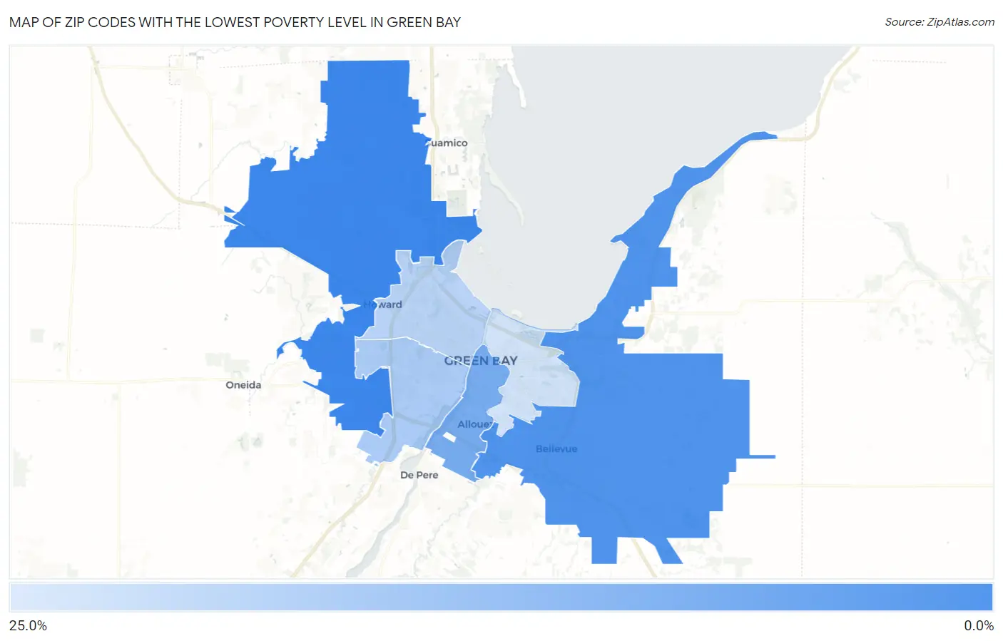 Zip Codes with the Lowest Poverty Level in Green Bay Map