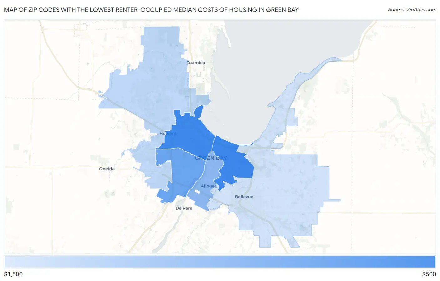 Zip Codes with the Lowest Renter-Occupied Median Costs of Housing in Green Bay Map