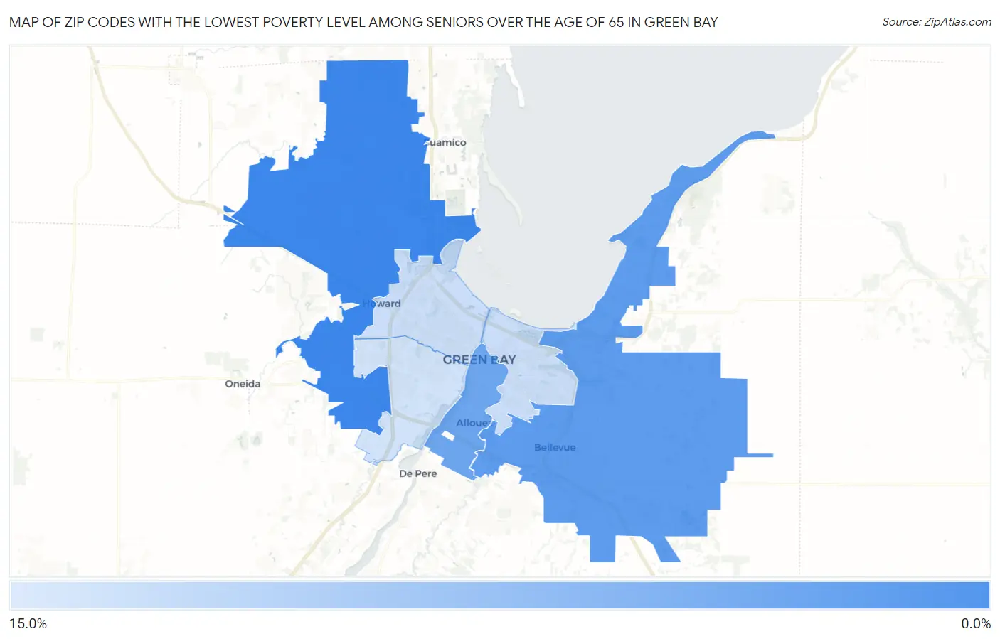 Zip Codes with the Lowest Poverty Level Among Seniors Over the Age of 65 in Green Bay Map