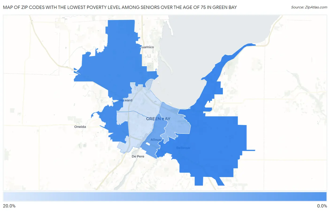 Zip Codes with the Lowest Poverty Level Among Seniors Over the Age of 75 in Green Bay Map