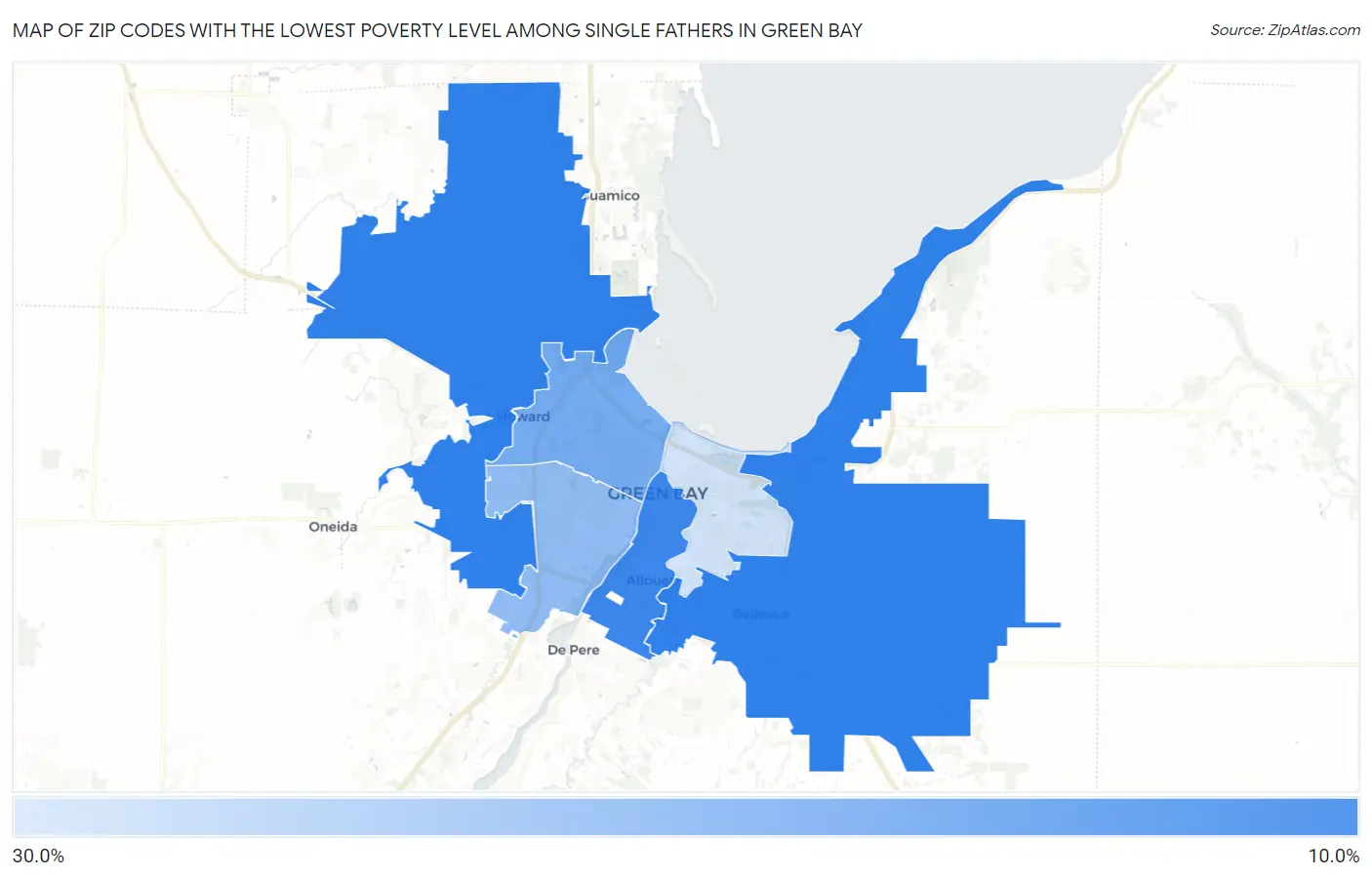 Zip Codes with the Lowest Poverty Level Among Single Fathers in Green Bay Map