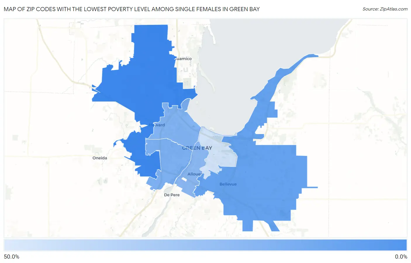 Zip Codes with the Lowest Poverty Level Among Single Females in Green Bay Map