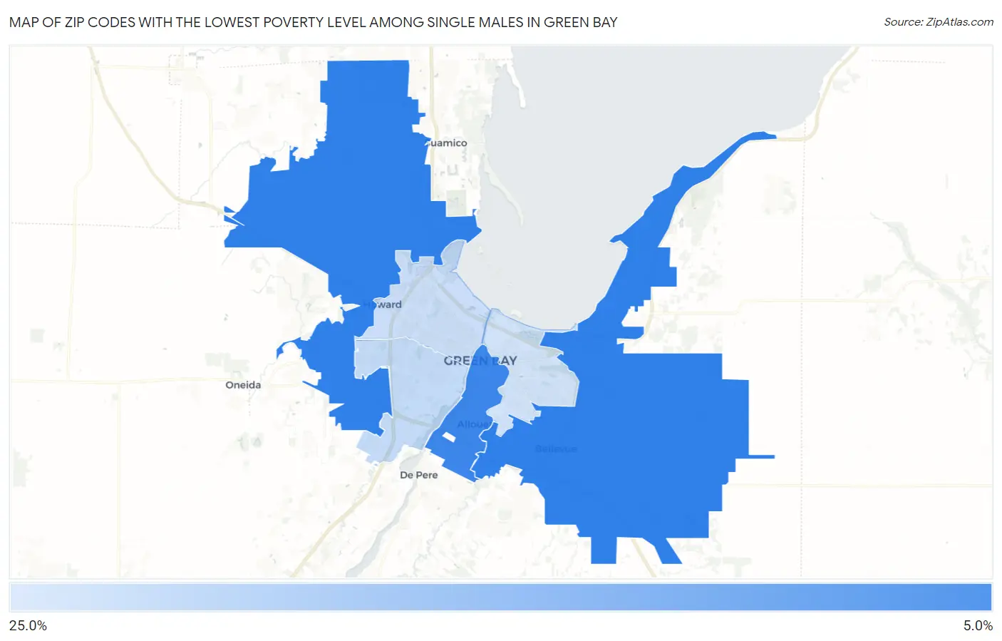 Zip Codes with the Lowest Poverty Level Among Single Males in Green Bay Map
