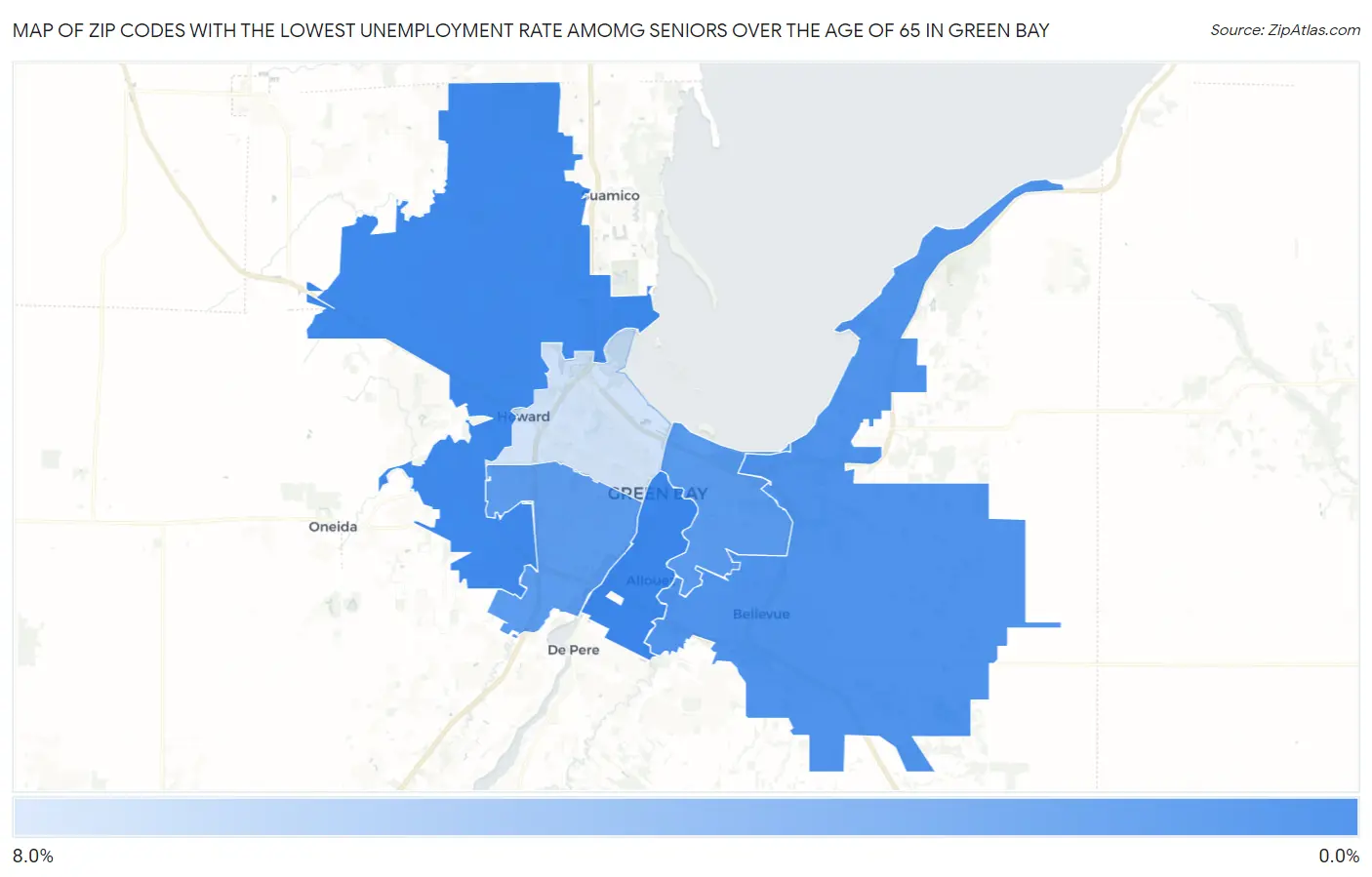 Zip Codes with the Lowest Unemployment Rate Amomg Seniors Over the Age of 65 in Green Bay Map